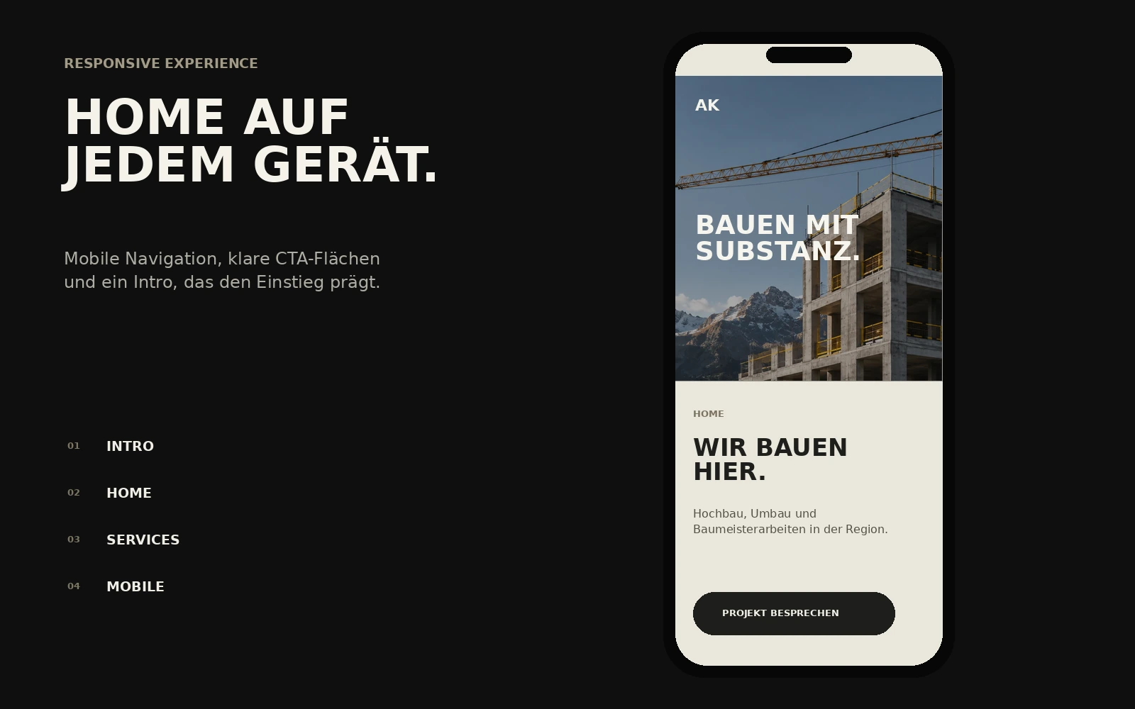 Mobile Home-Ansicht des Alpenkern Bau Website Designs